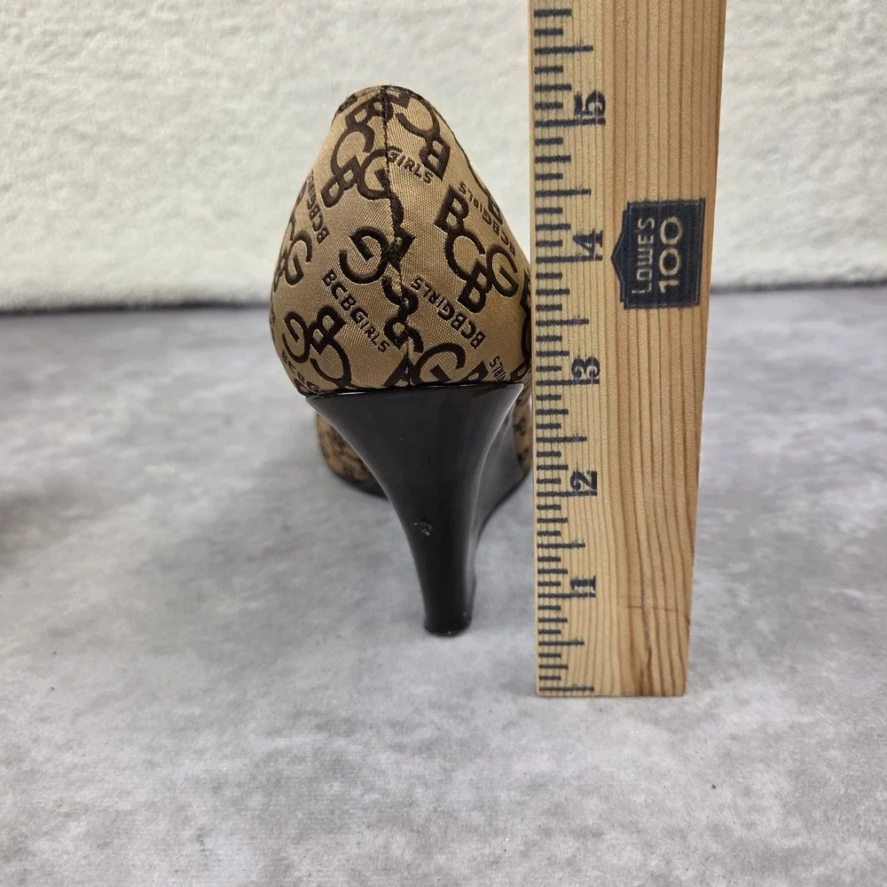 BCBGirls Waverly Monogram Logo Peep Toe Wedge Pumps Brown Tan 7B PL-WAVERLY